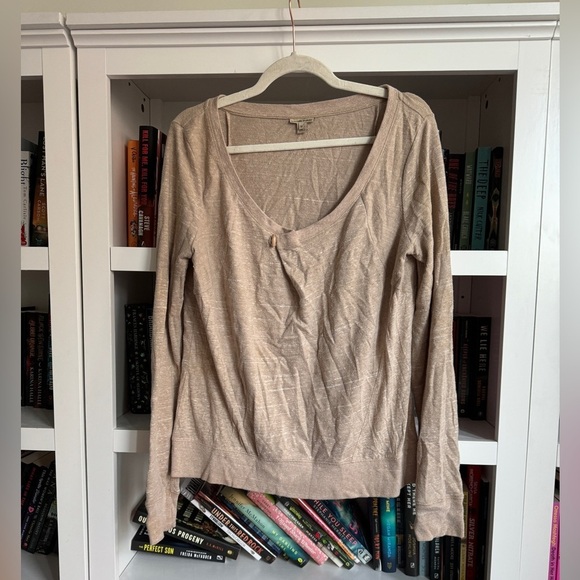 Anthropologie tan button neck oversized elbow patch pullover top sweatshirt - Picture 1 of 7